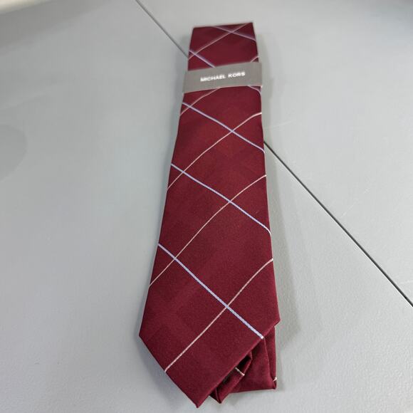 MICHAEL KORS Men's Silk Blend Tie York Grid Burgandy NEW MSRP: $69.50 - Picture 2 of 10